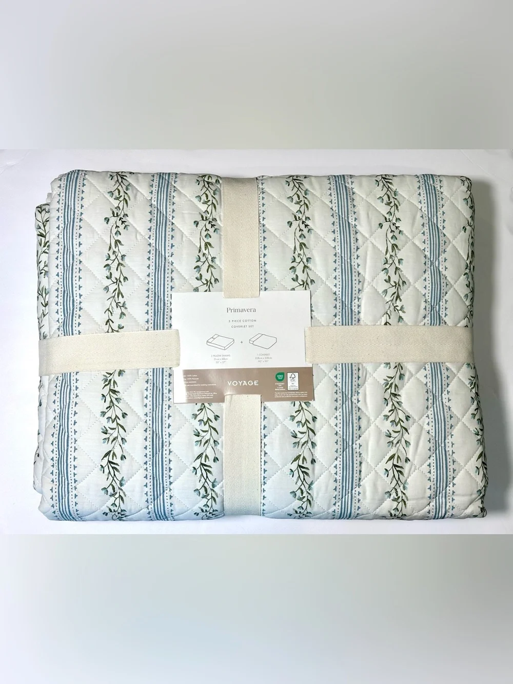 Voyage Primavera Queen Cotton Coverlet Set, Blue Green Mini Floral Brand New